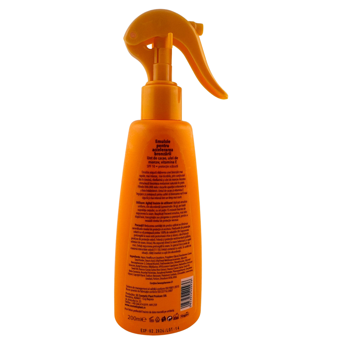 Emulsie pentru accelerarea bronzarii SPF 10 cu unt de cacao, ulei de morcov si vitamina E 200 ml