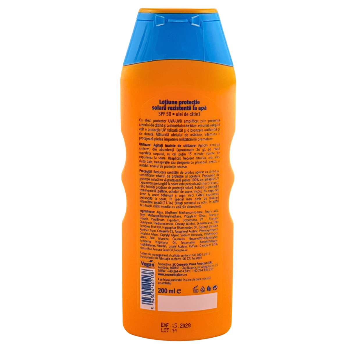 Lotiune protectie solara SPF 50 cu ulei de catina rezistenta la apa 200 ml