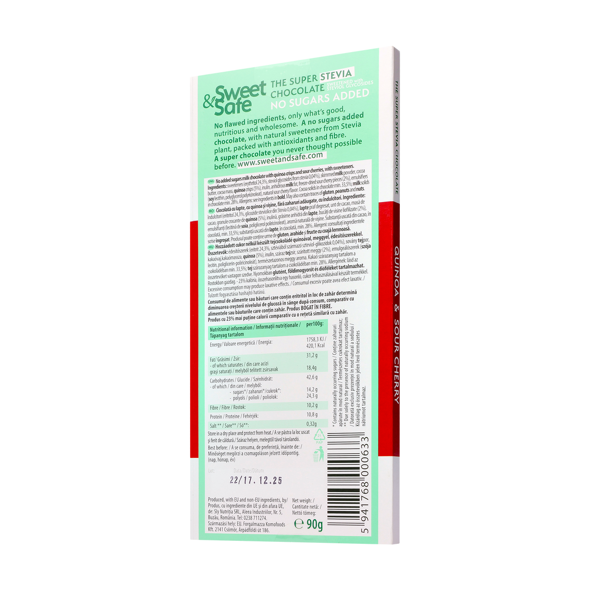 Ciocolata cu lapte cu quinoa si visine cu indulcitor stevie 90 g