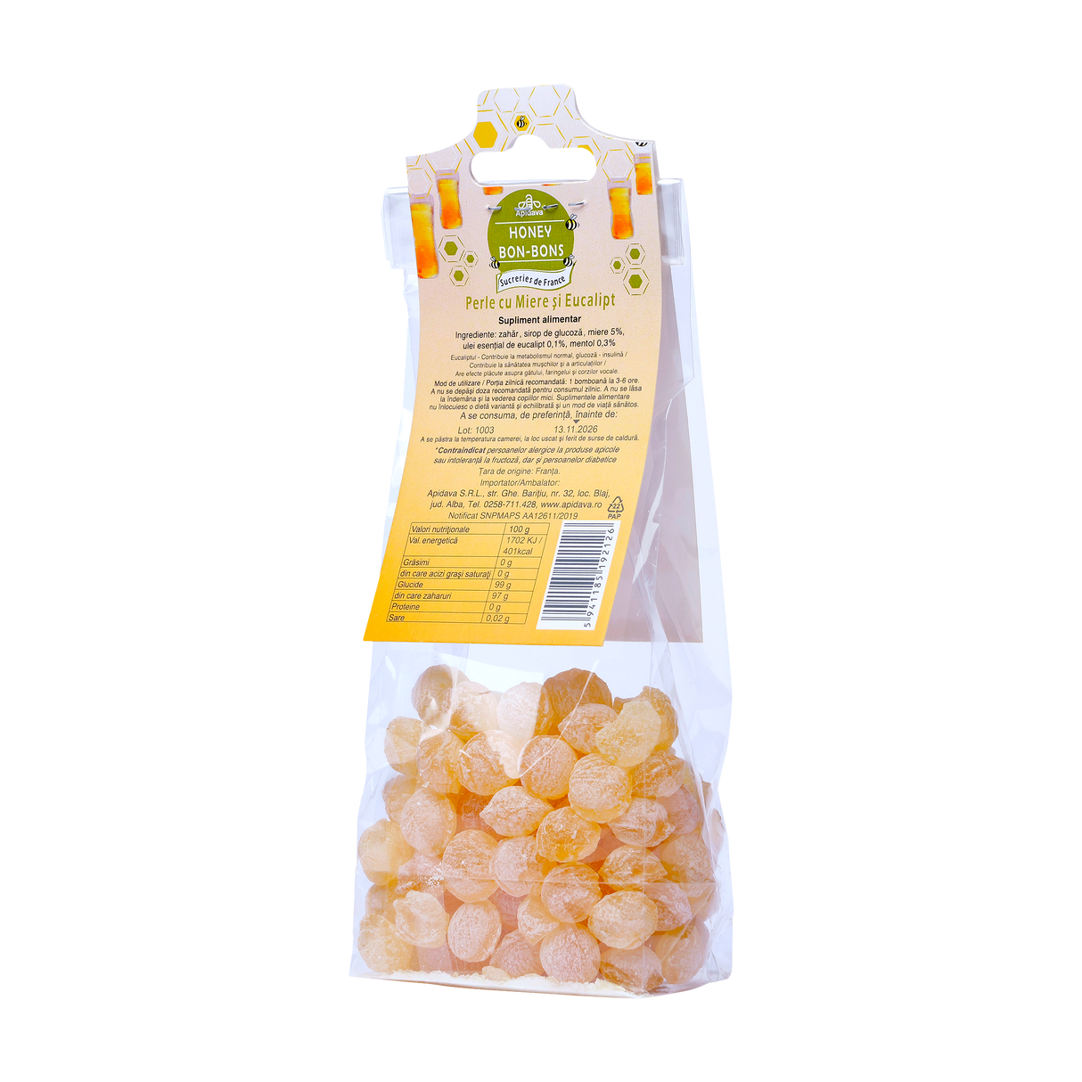 Bomboane perle cu miere si eucalipt 100 g