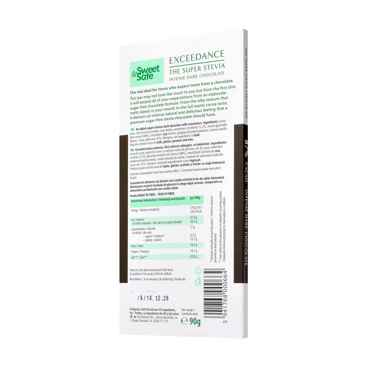 Ciocolata "exceedance" amaruie 87% cu indulcitor din stevia 90 g