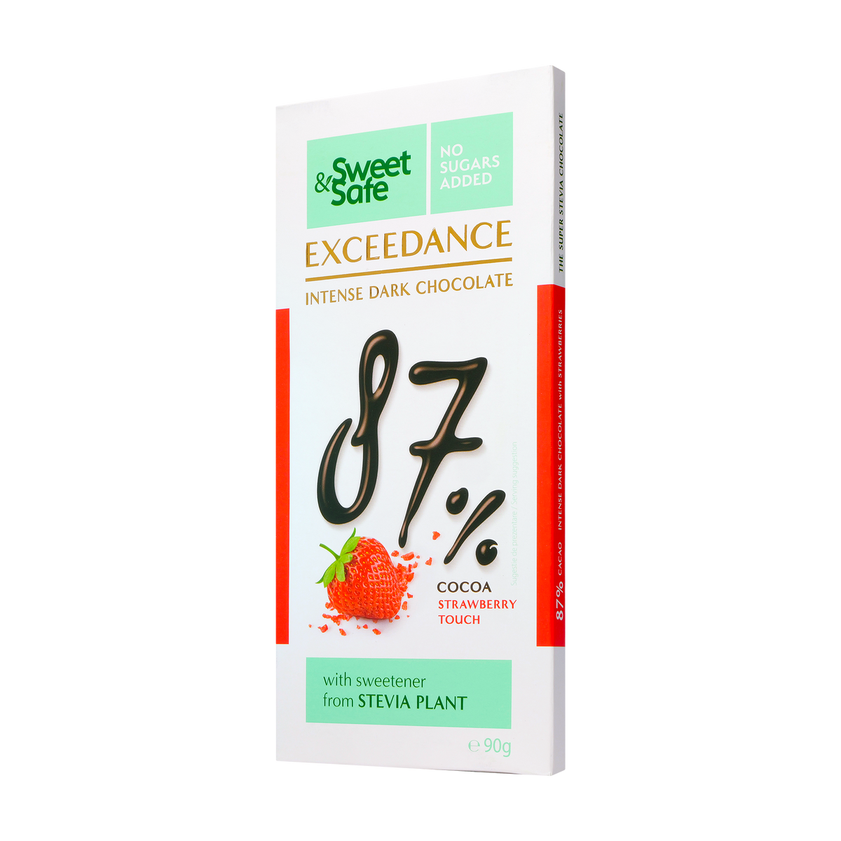 Ciocolata "exceedance" amaruie 87% cu capsuni si indulcitor din stevie 90 g
