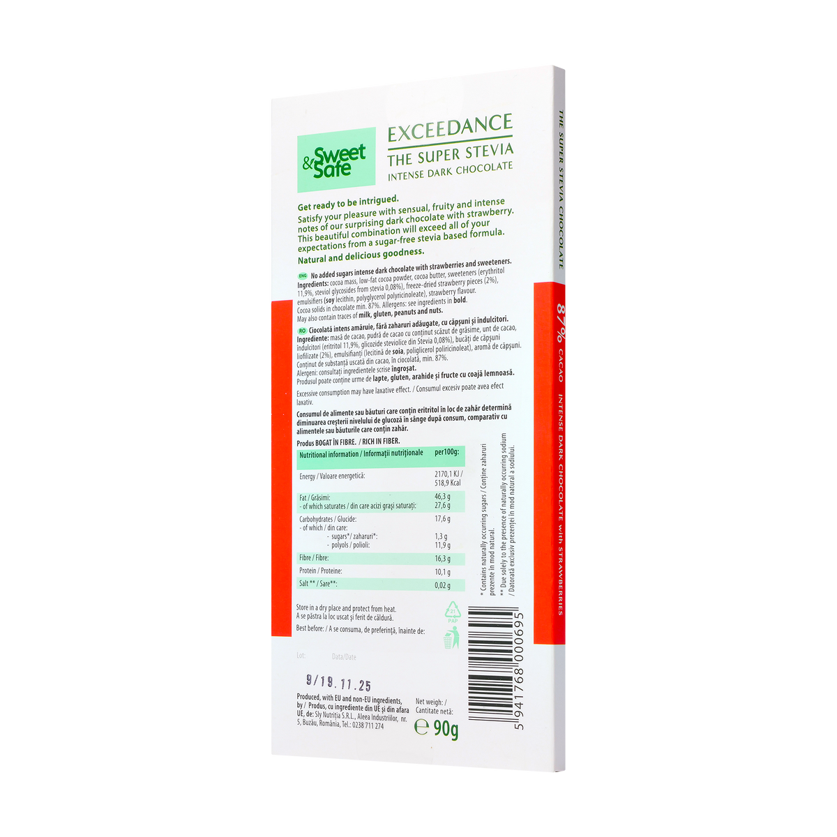 Ciocolata "exceedance" amaruie 87% cu capsuni si indulcitor din stevie 90 g