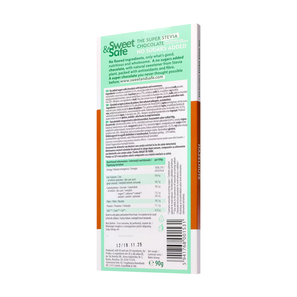 Ciocolata cu lapte cu alune de padure si cu indulcitor stevie 90 g