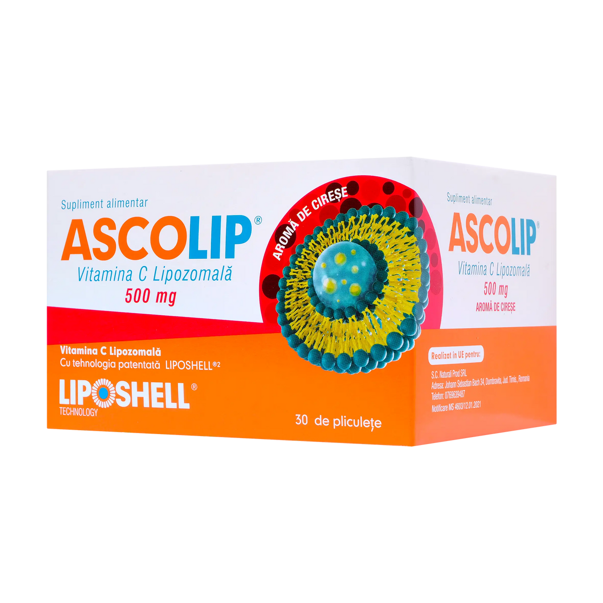 Ascolip - Vitamina C Lipozomala cu aroma de cirese 500 mg 30 plicuri