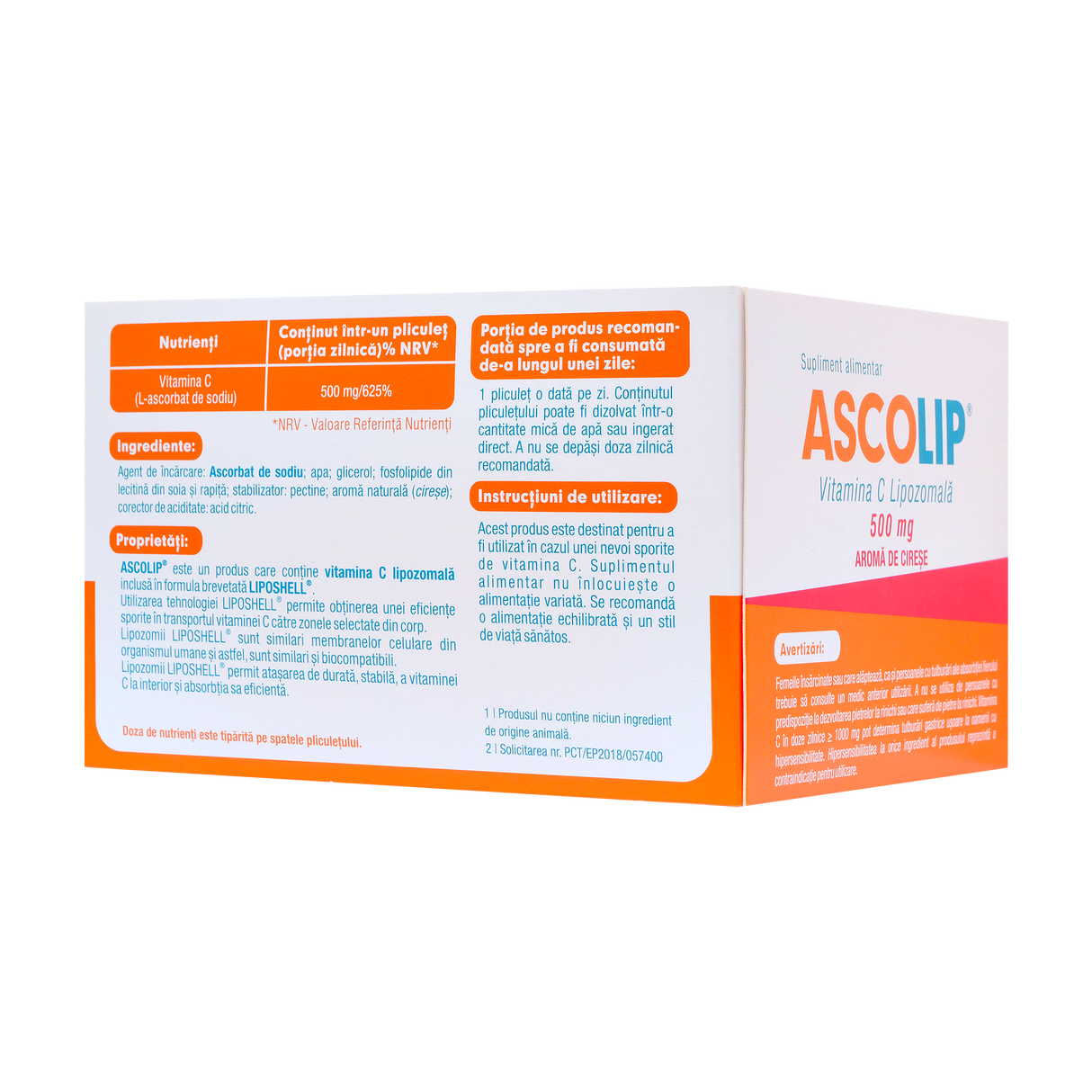 Ascolip - Vitamina C Lipozomala cu aroma de cirese 500 mg 30 plicuri