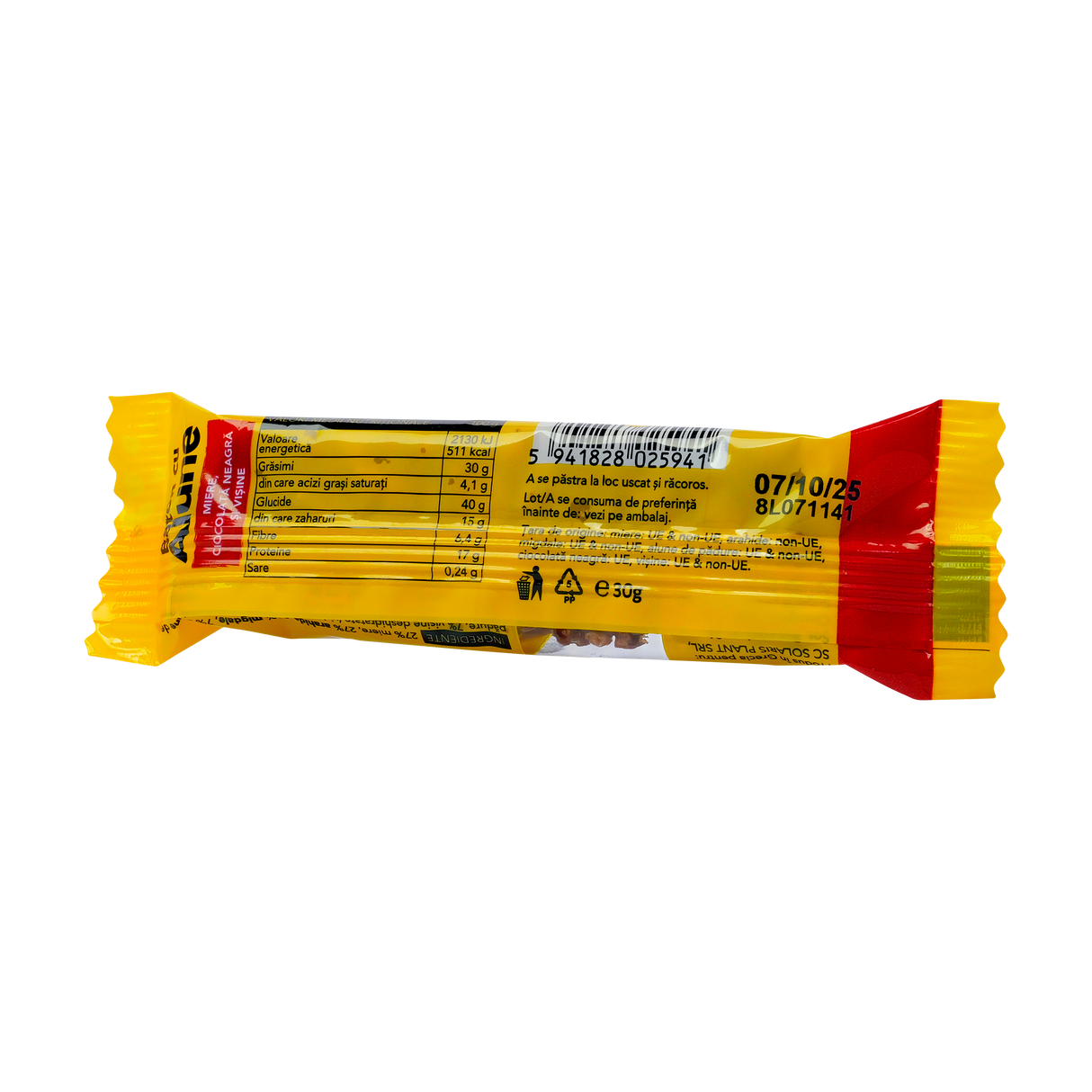 Baton cu alune, miere, ciocolata neagra si visine 30 g
