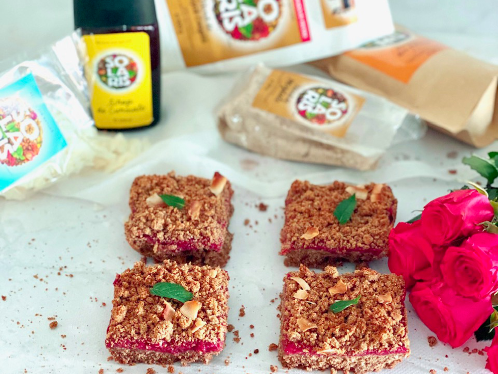 Crumble bars cu hrisca, migdale si zmeura