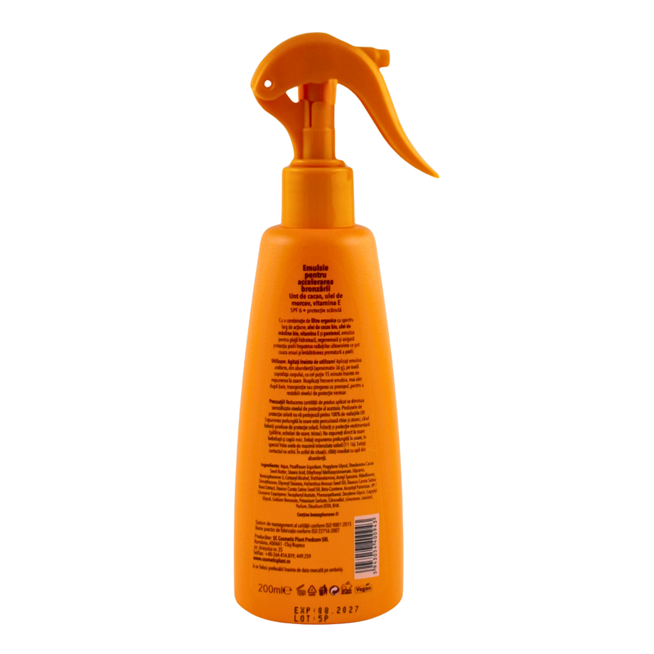 Emulsie pentru accelerarea bronzarii SPF 6 cu unt de cacao, ulei de morcov si vitamina E 200 ml
