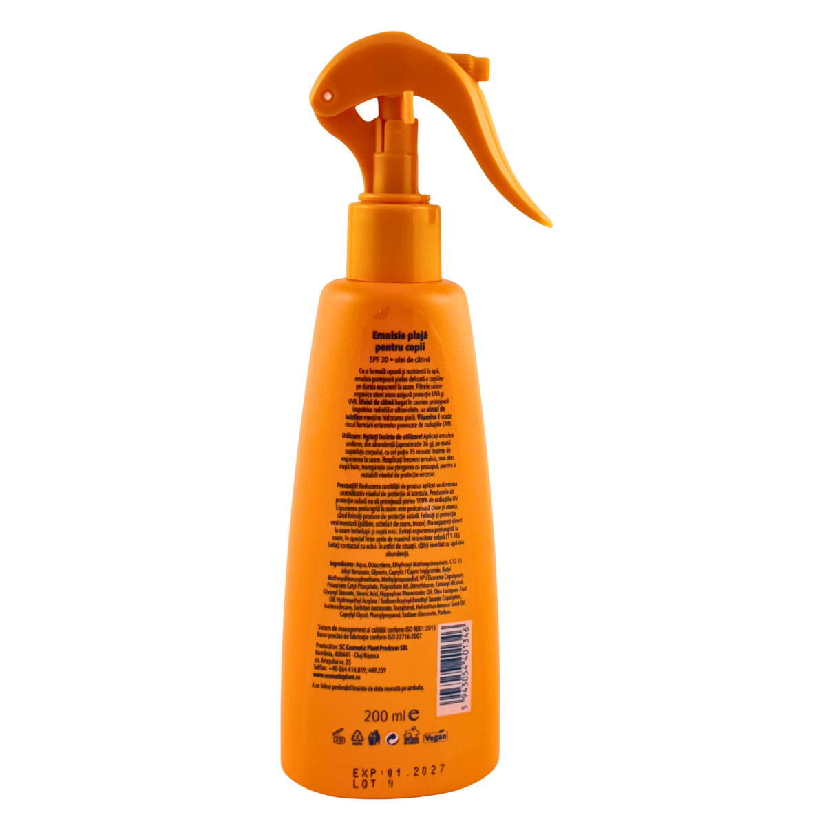 Emulsie plaja rezistenta la apa pentru copii SPF 30 cu ulei de catina 200 ml