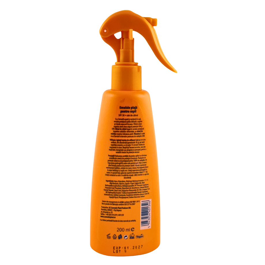 Emulsie plaja rezistenta la apa pentru copii SPF 30 cu ulei de catina 200 ml