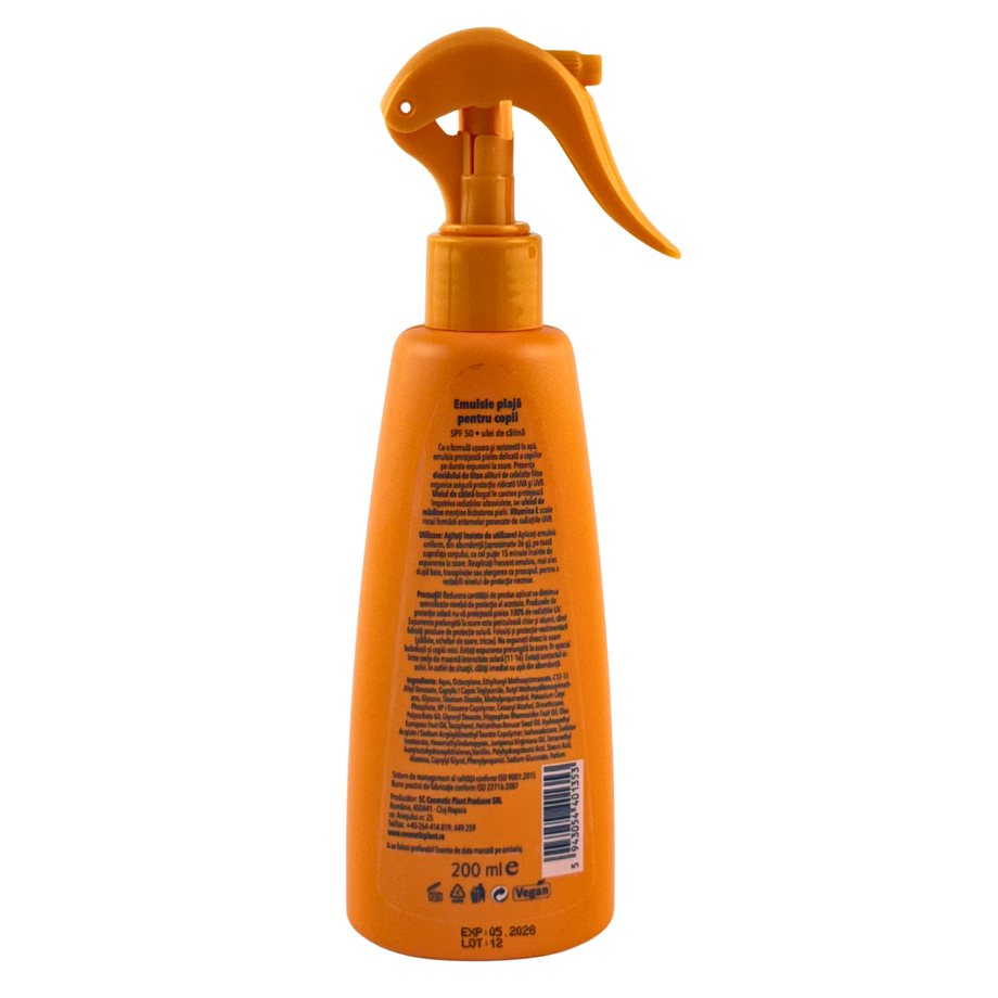 Emulsie plaja rezistenta la apa pentru copii SPF 50 cu ulei de catina 200 ml