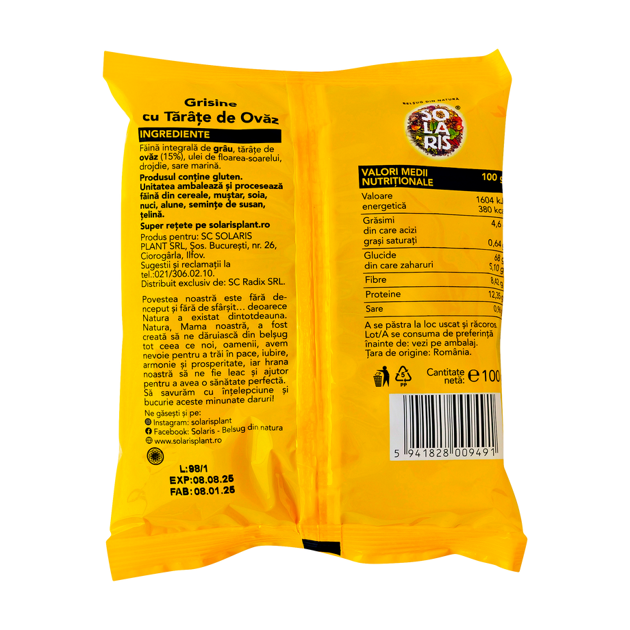 Grisine faina integrala si tarate ovaz 100 g