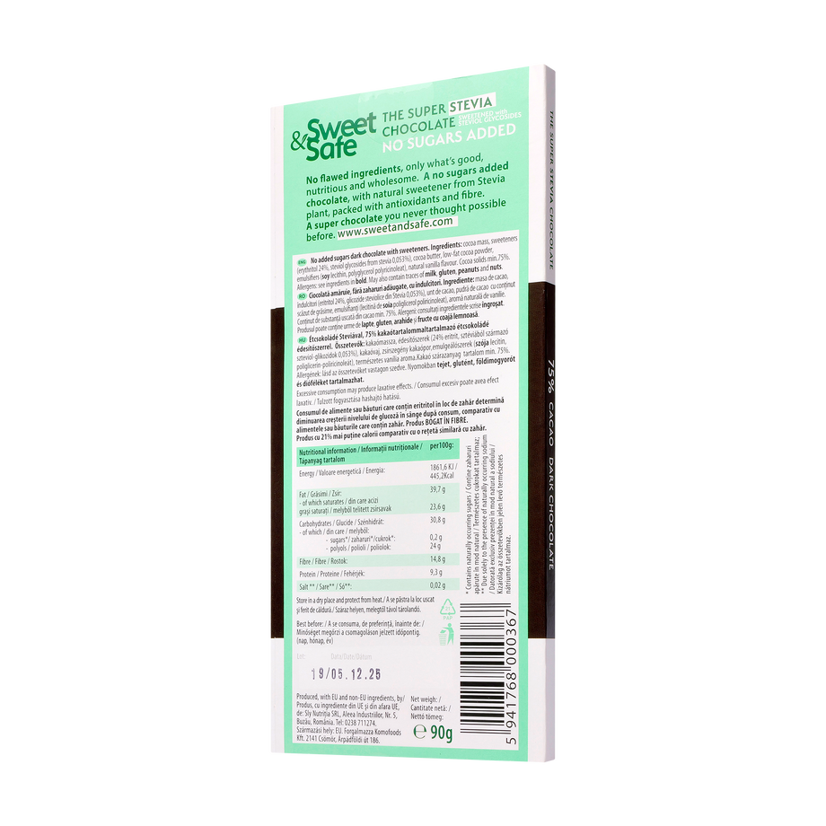 Ciocolata amaruie 75% cacao cu indulcitor din stevia 90 g