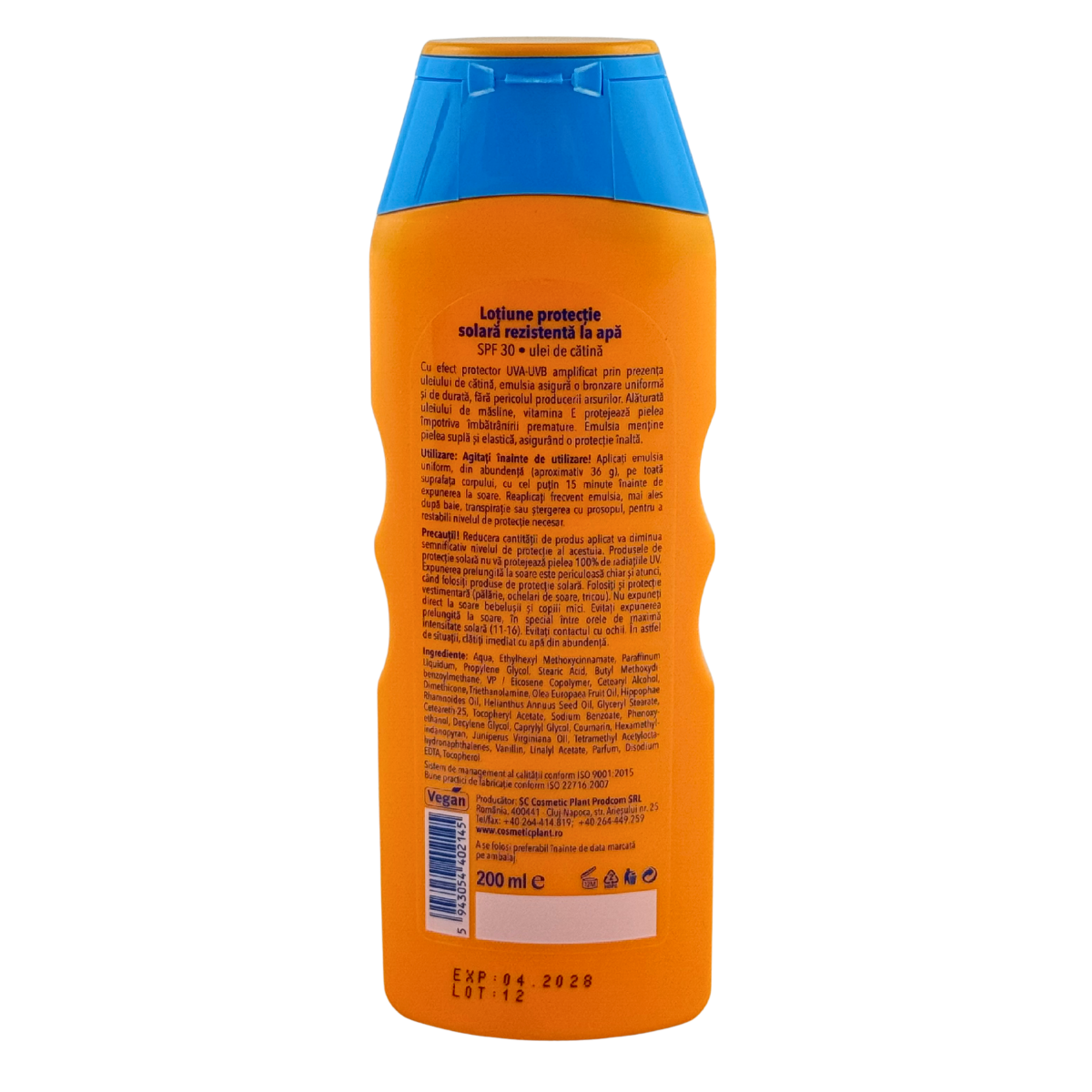 Lotiune protectie solara SPF 30 cu ulei de catina rezistenta la apa 200 ml