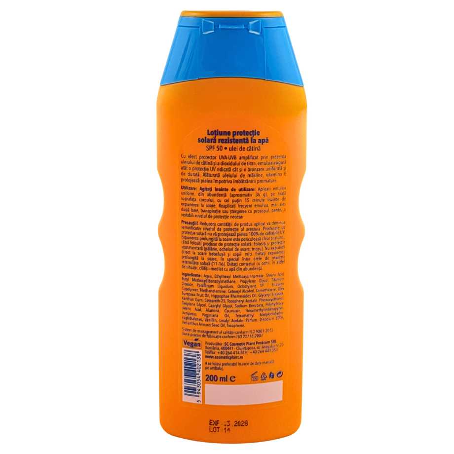 Lotiune protectie solara SPF 50 cu ulei de catina rezistenta la apa 200 ml