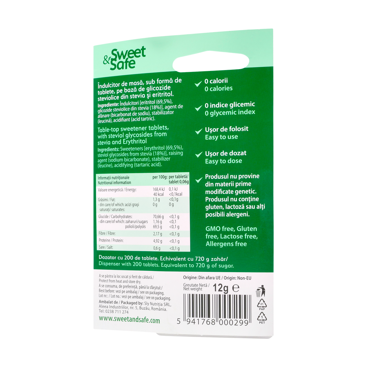Indulcitor natural din Stevia Sweet & Safe 200 tablete