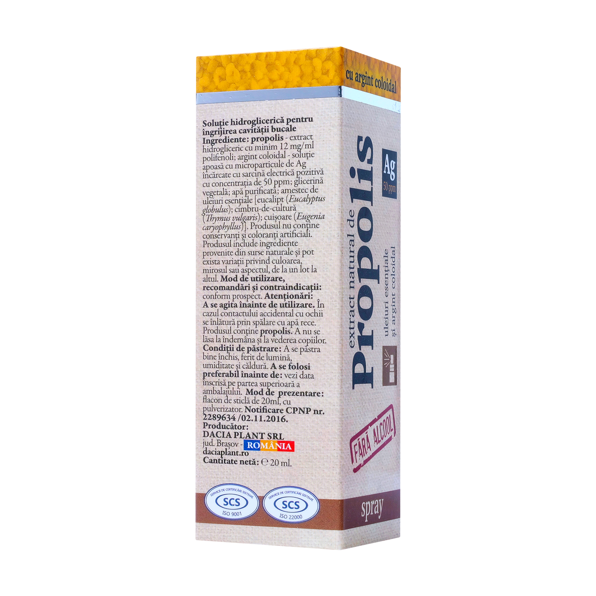 Spray de gat cu propolis 60% si argint coloidal fara alcool 20 ml