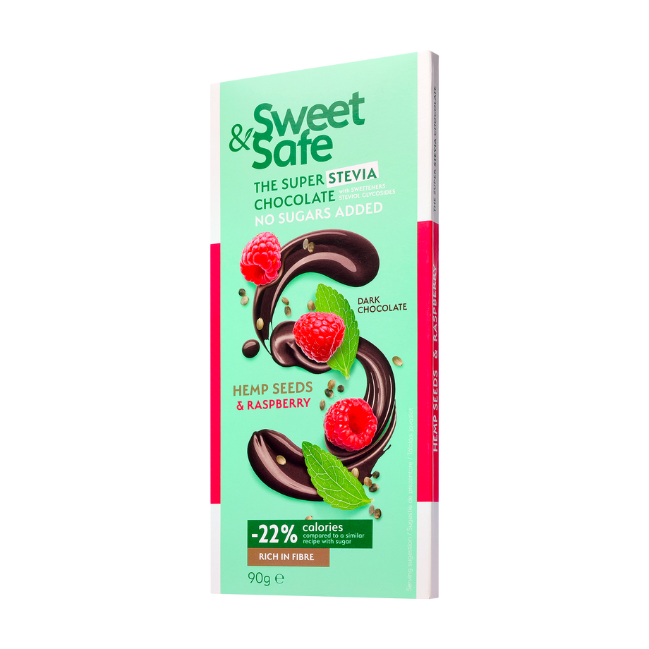Ciocolata amaruie cu seminte canepa si zmeura cu indulcitor stevie 90 g