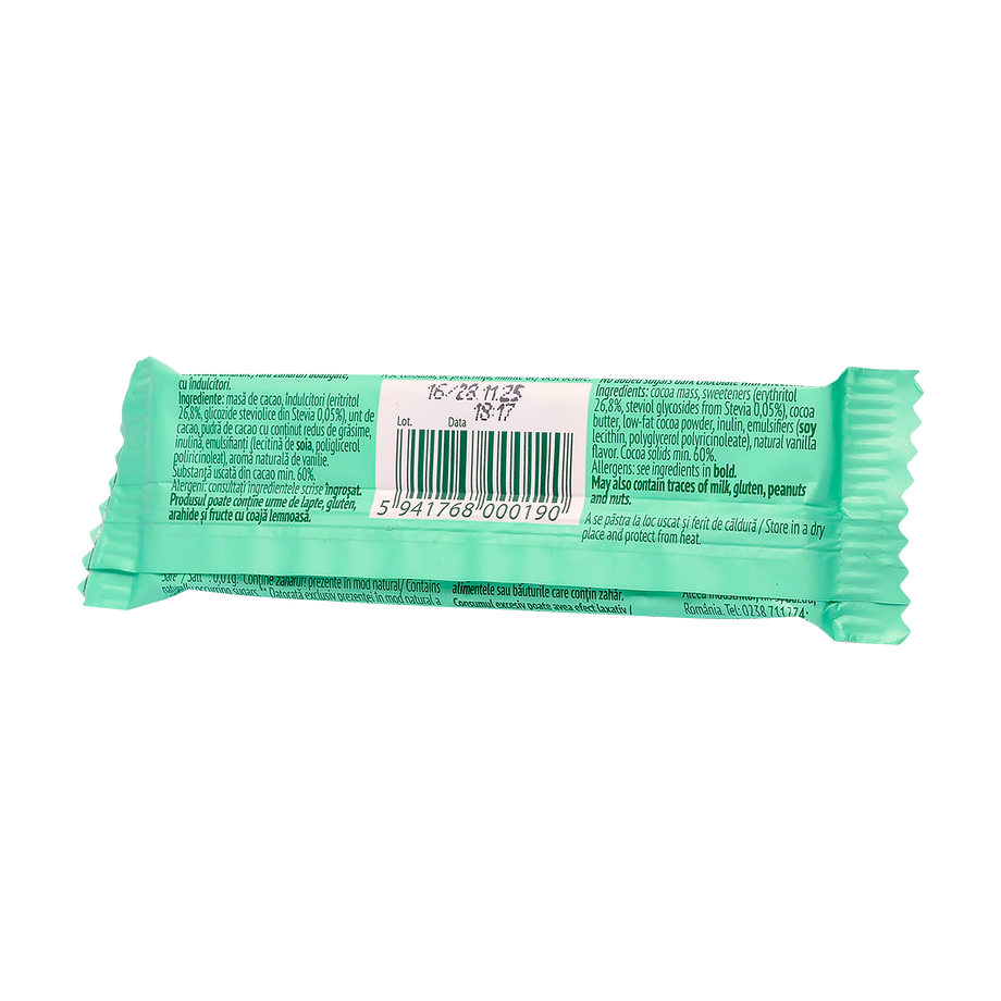 Ciocolata amaruie 60% cacao fara zaharuri adaugate cu indulcitor din Stevia 25 g