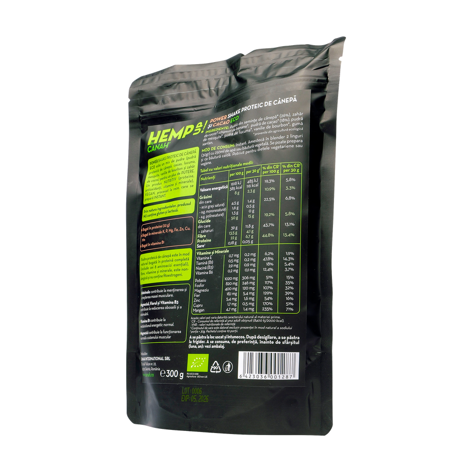 Power Shake proteic de canepa cu cacao 300 g