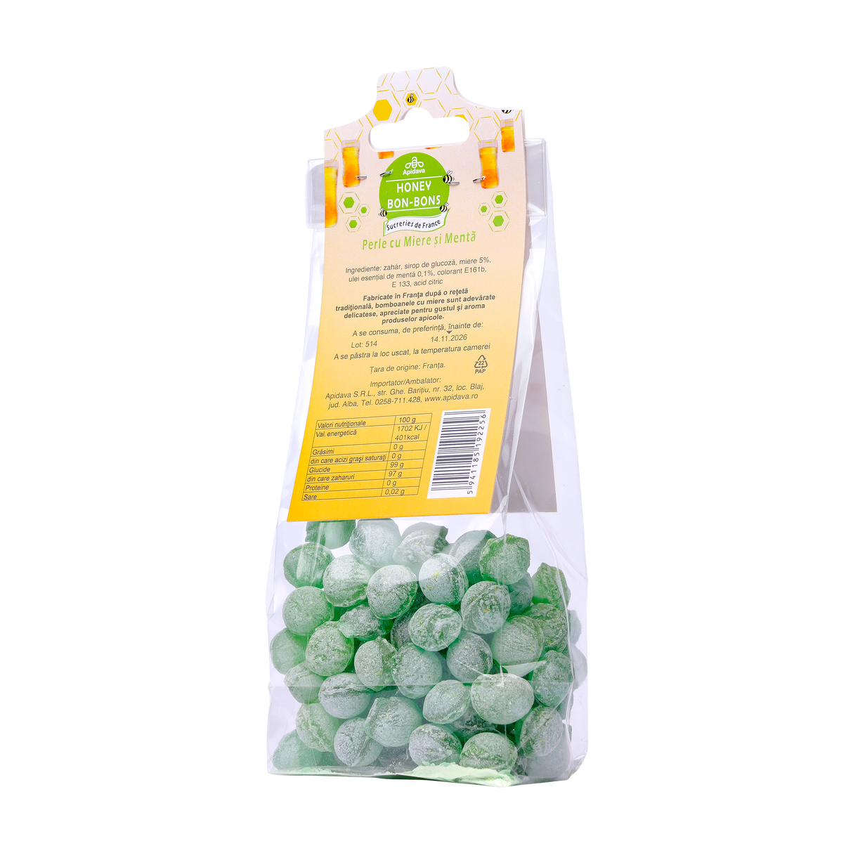 Bomboane perle cu miere si menta 100 g