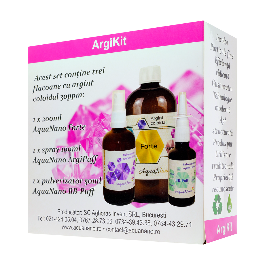 Set argint coloidal Argikit forte 100ml+argipuff 100ml+bb-puff 50 ml