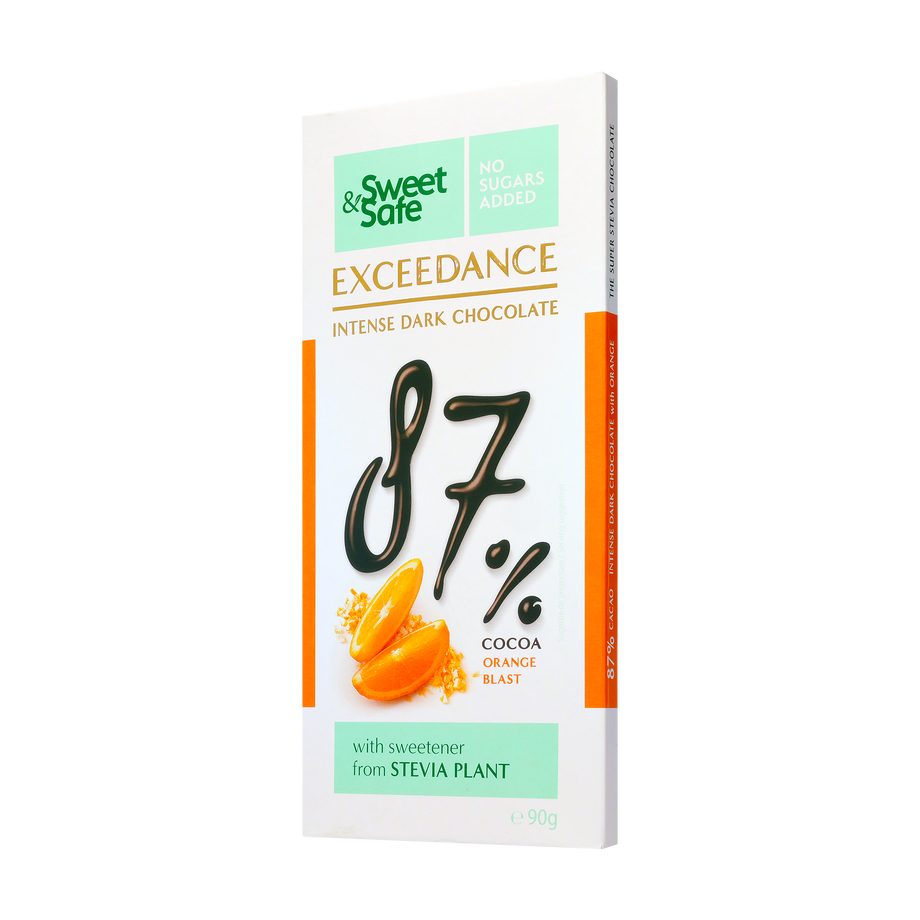 Ciocolata "exceedance" amaruie 87% cu portocale si indulcitor din stevie 90 g