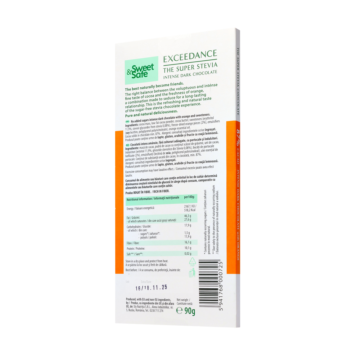 Ciocolata "exceedance" amaruie 87% cu portocale si indulcitor din stevie 90 g
