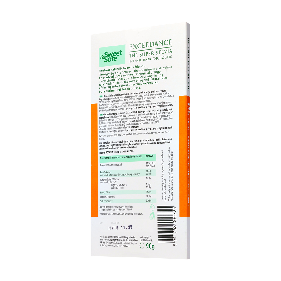Ciocolata "exceedance" amaruie 87% cu portocale si indulcitor din stevie 90 g
