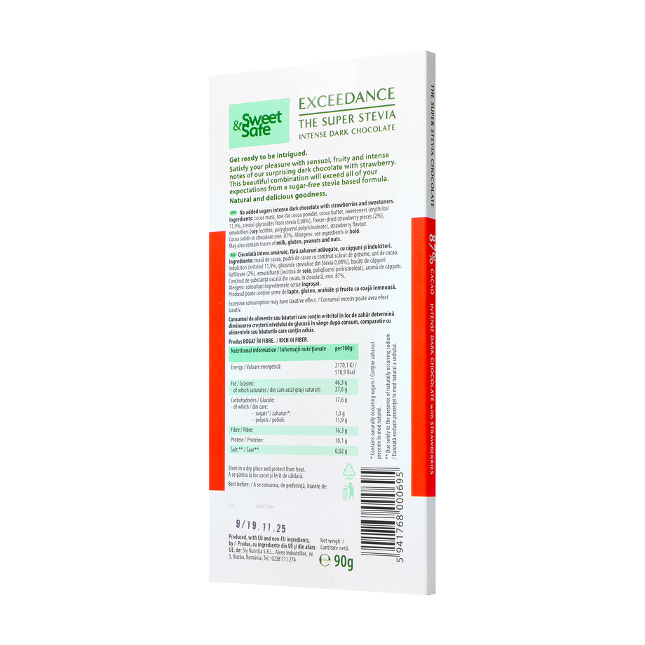 Ciocolata "exceedance" amaruie 87% cu capsuni si indulcitor din stevie 90 g