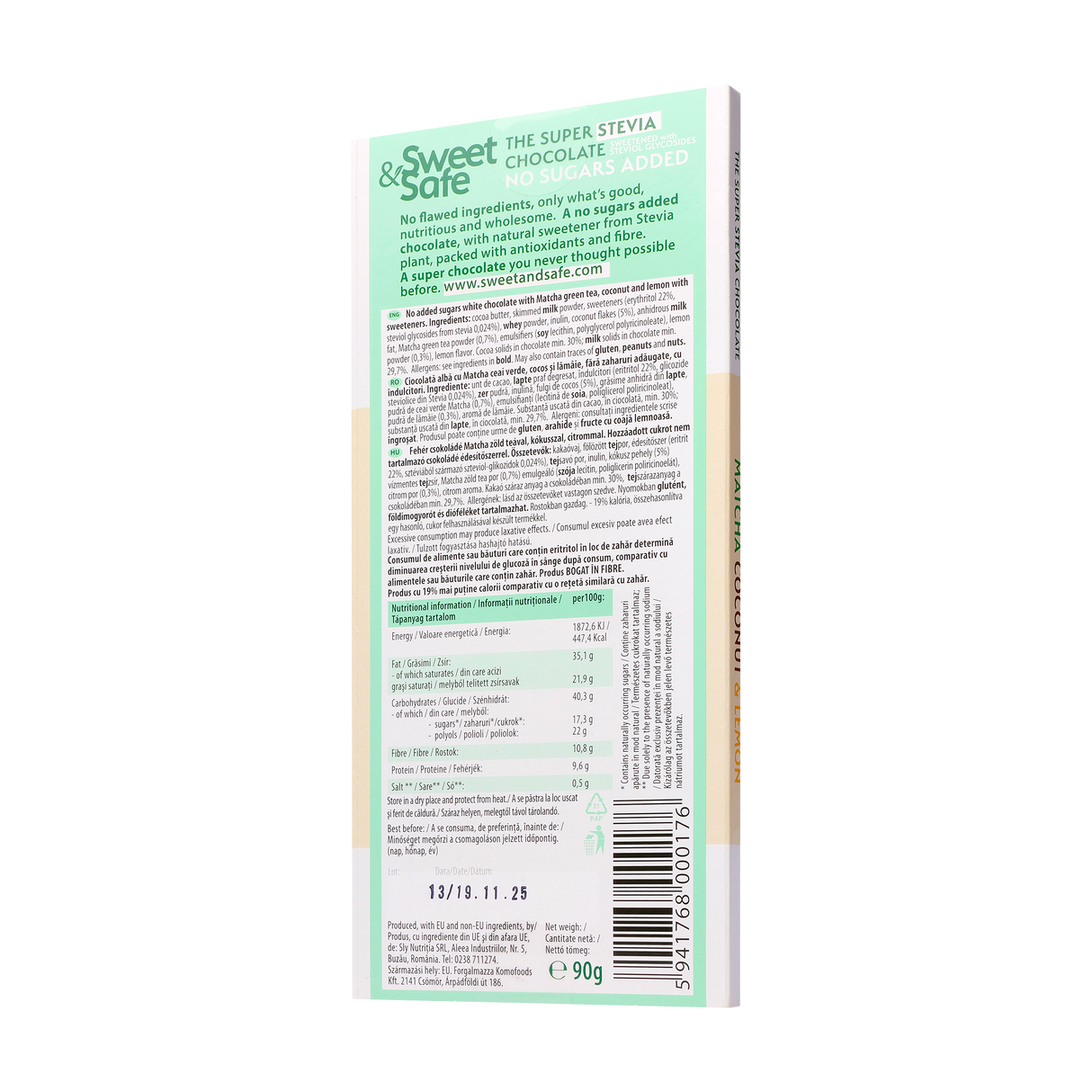 Ciocolata alba cu matcha, cocos si lamaie cu indulcitor din stevia 90 g