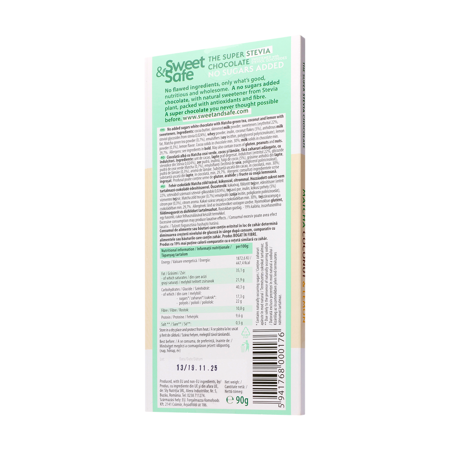 Ciocolata alba cu matcha, cocos si lamaie cu indulcitor din stevia 90 g