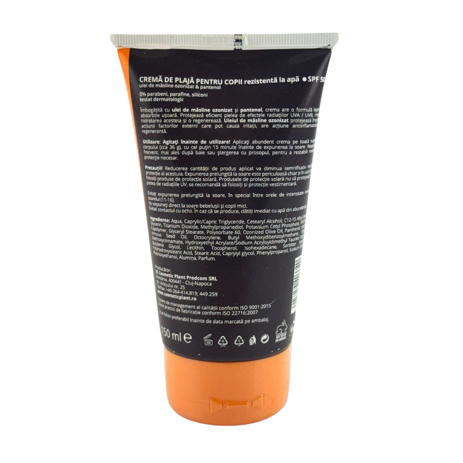 Crema plaja pentru copii OZON SPF 50 rezistenta la apa cu ulei de masline ozonizat 150 ml