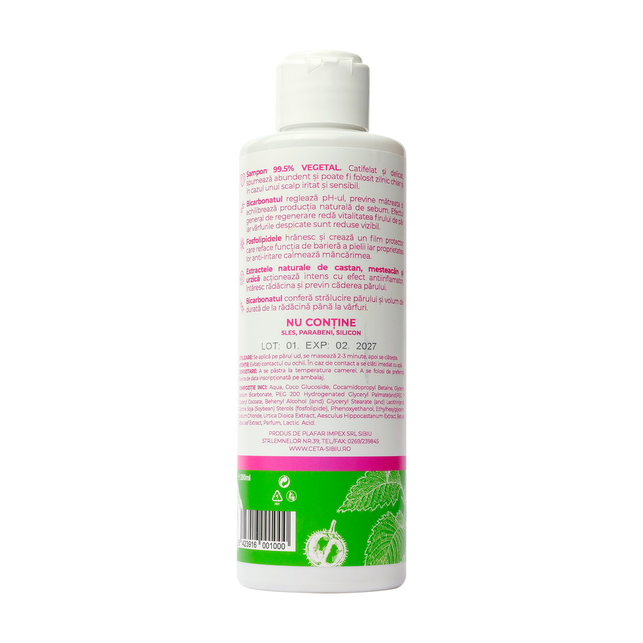 Sampon 99.5% vegetal bicarbonat, urzica, mesteacan, castane 200 ml