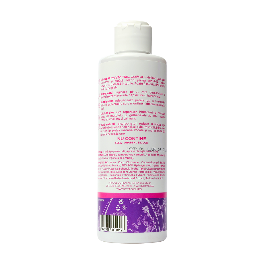 Gel de dus 99.5% vegetal bicarbonat, aloe, galbenele, musetel 200 ml