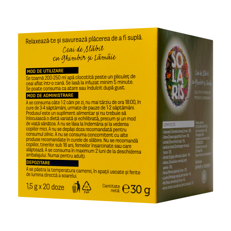 Ceai de slabit cu ghimbir si lamaie 20 plicuri