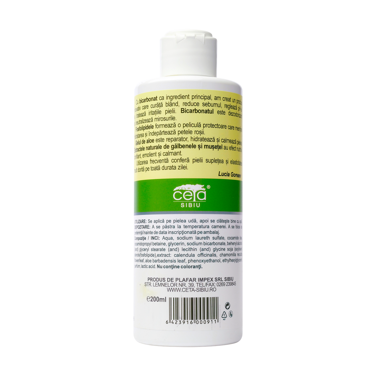 Gel de dus (flacon) cu bicarbonat, aloe, galbenele, musetel si fosfolipide 200 ml