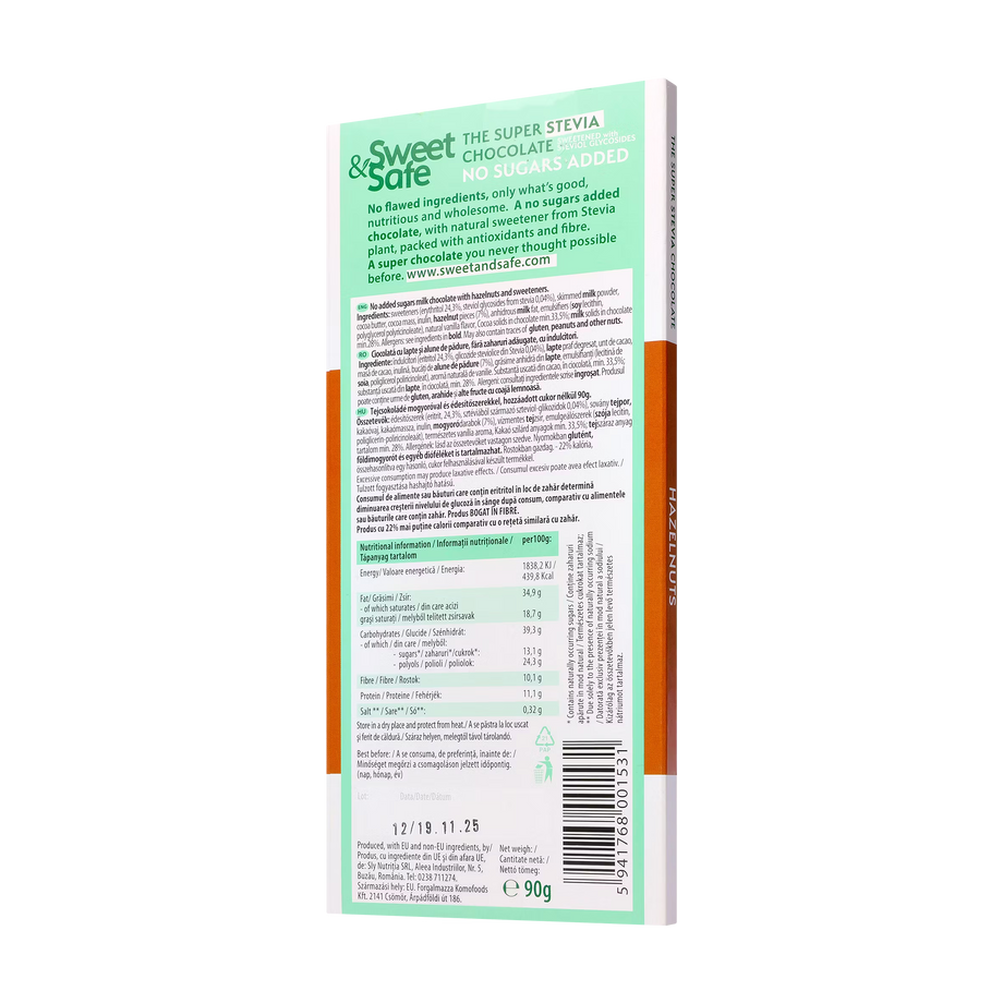 Ciocolata cu lapte cu alune de padure si cu indulcitor stevie 90 g