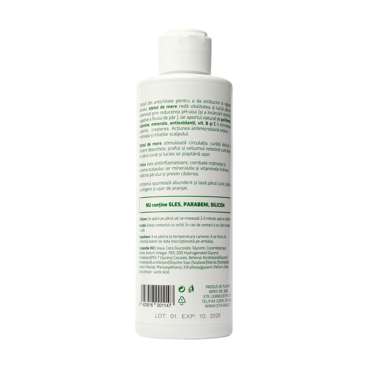 Sampon 99.5% vegetal cu urzica si otet de mere 200 ml