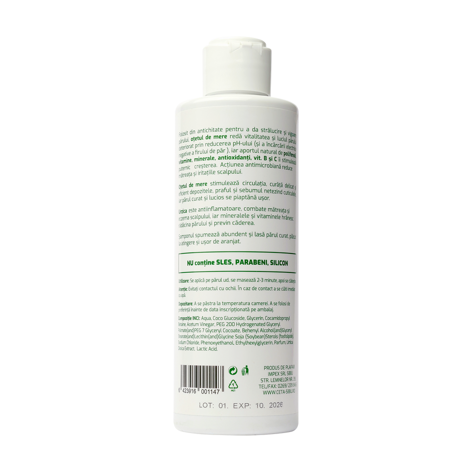 Sampon 99.5% vegetal cu urzica si otet de mere 200 ml
