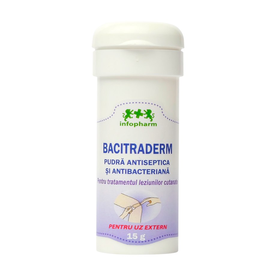 Pudra antiseptica Bacitraderm cu bacitracina si neomicina Infopharm