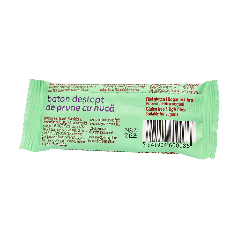 Baton Vegan de Prune cu Nuca fara gluten "Nutribon" 30 g