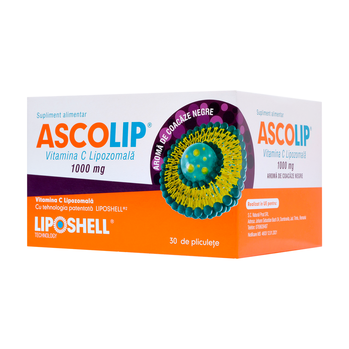 Ascolip - Vitamina C Lipozomala cu aroma de coacaze negre 1000 mg 30 plicuri
