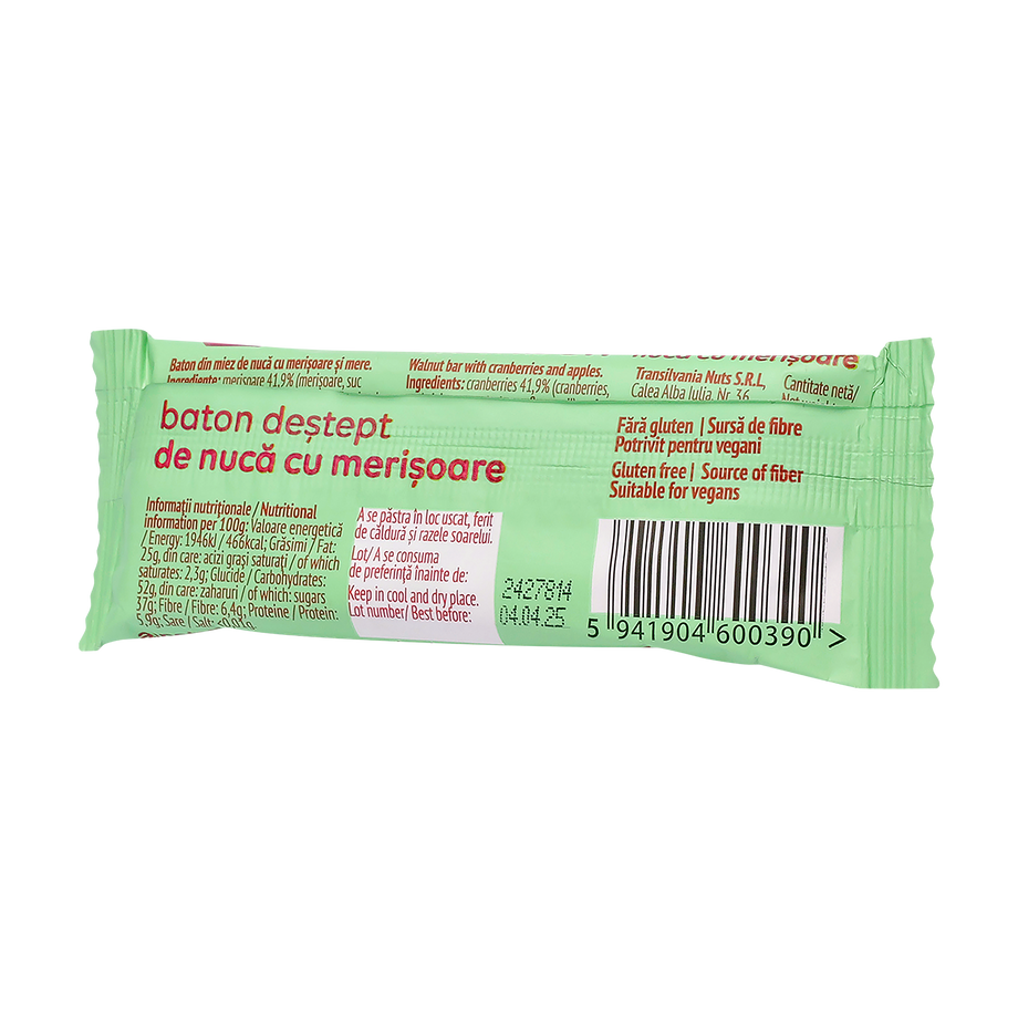 Baton Vegan de Nuca cu Merisoare fara gluten "Nutribon" 30 g