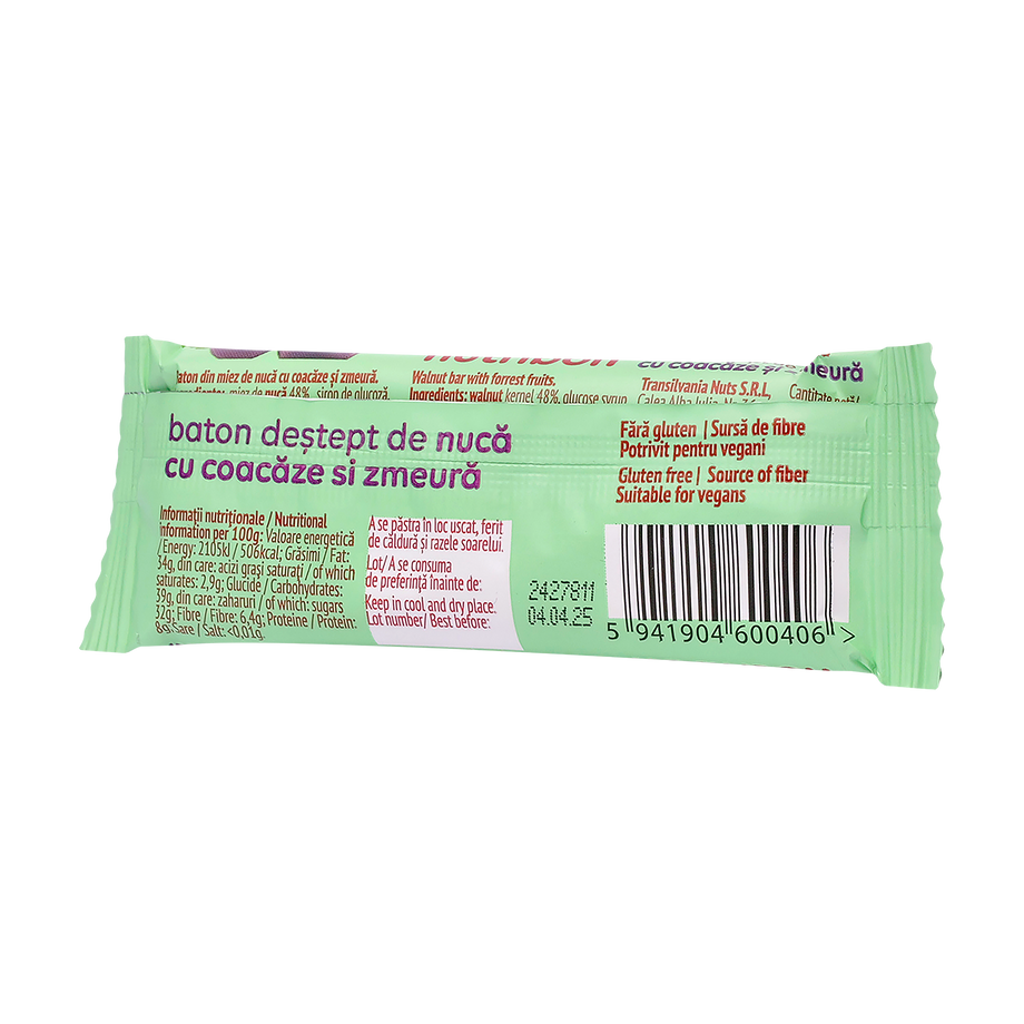Baton Vegan de Nuca cu Coacaze si Zmeura fara gluten "Nutribon" 30 g