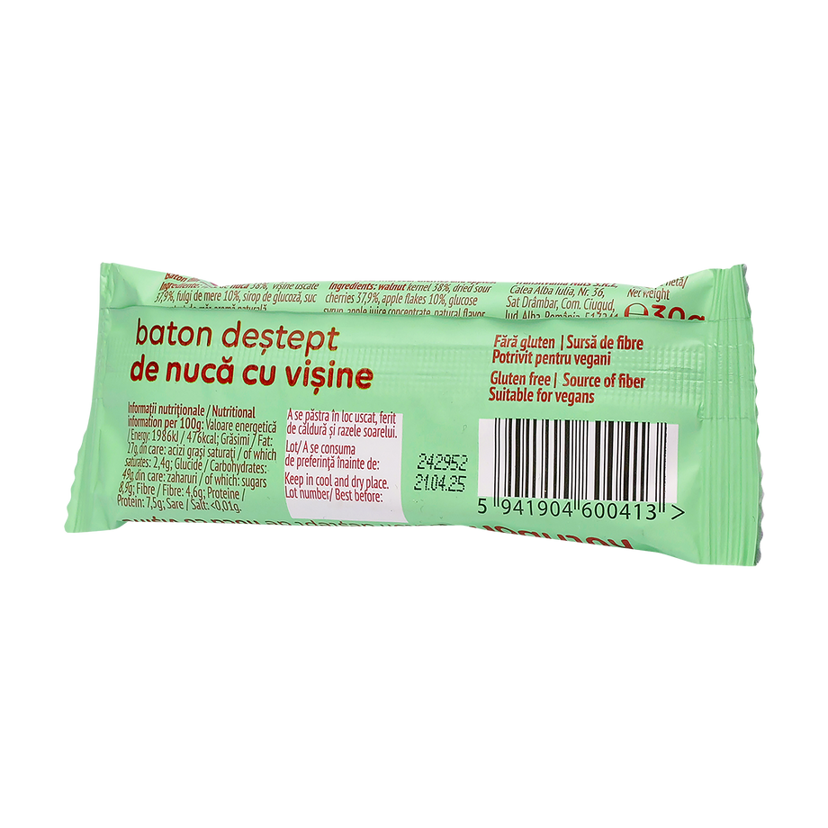 Baton Vegan de Nuca cu Visine fara gluten "Nutribon" 30 g