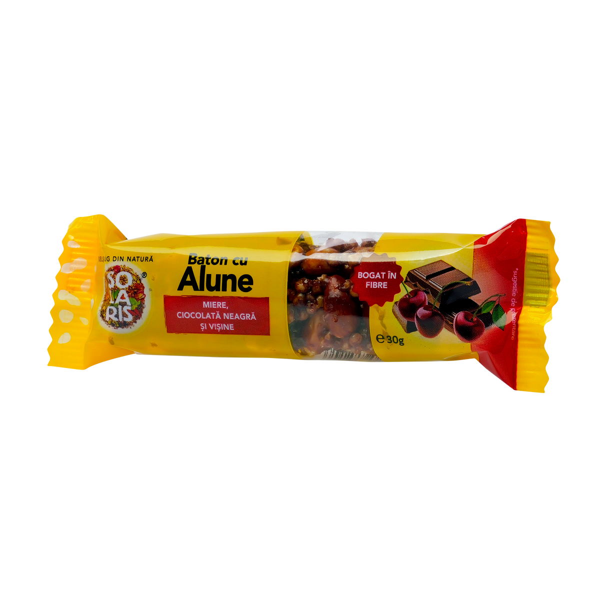 Baton cu alune, miere, ciocolata neagra si visine 30 g