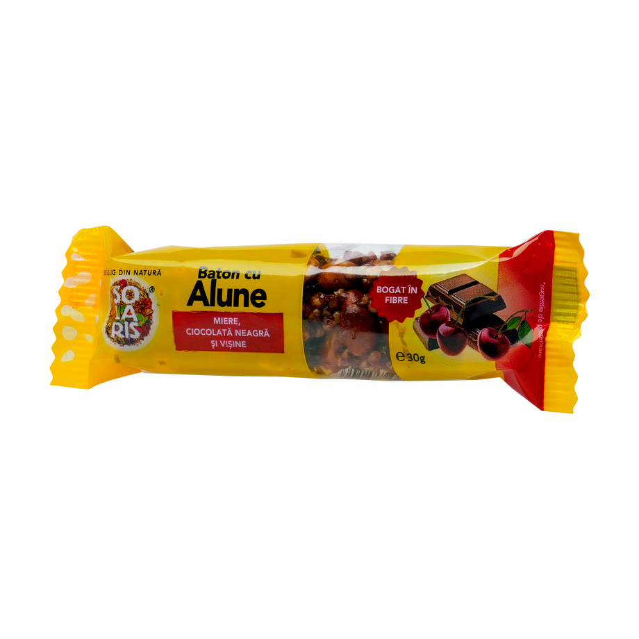 Baton cu alune, miere, ciocolata neagra si visine 30 g