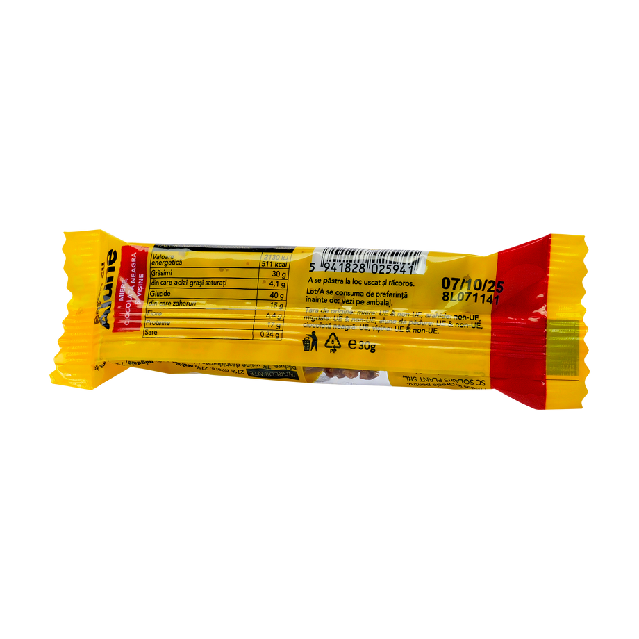 Baton cu alune, miere, ciocolata neagra si visine 30 g